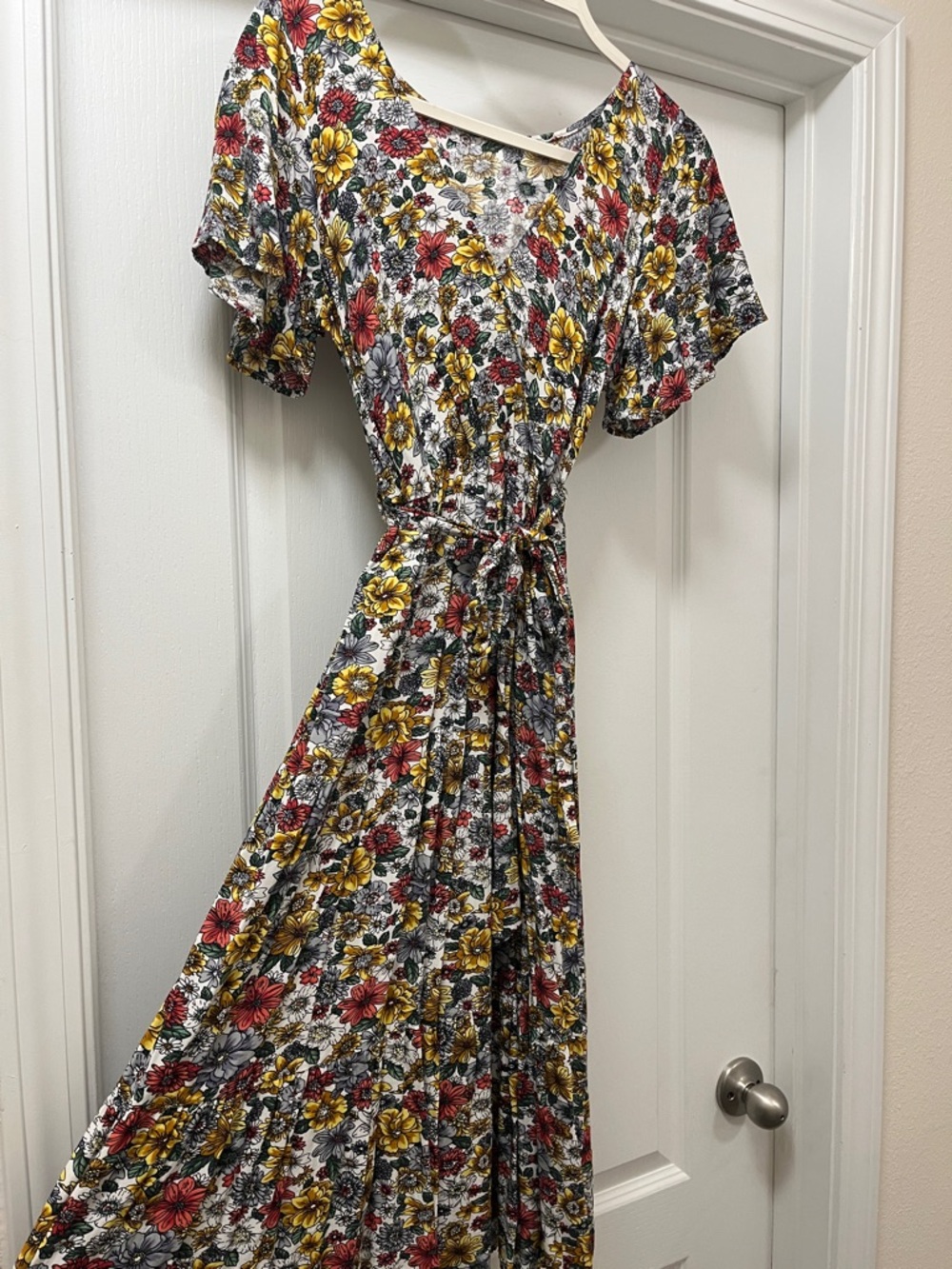 Yellow & Red Floral Midi Dress with Tie Waist